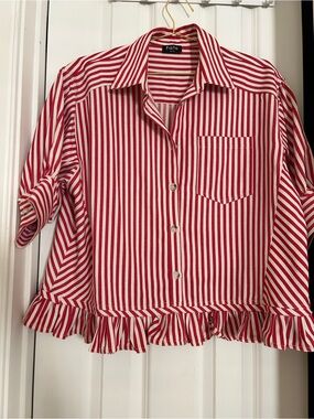 Fate Red and White Striped Ruffle Hem Shirt